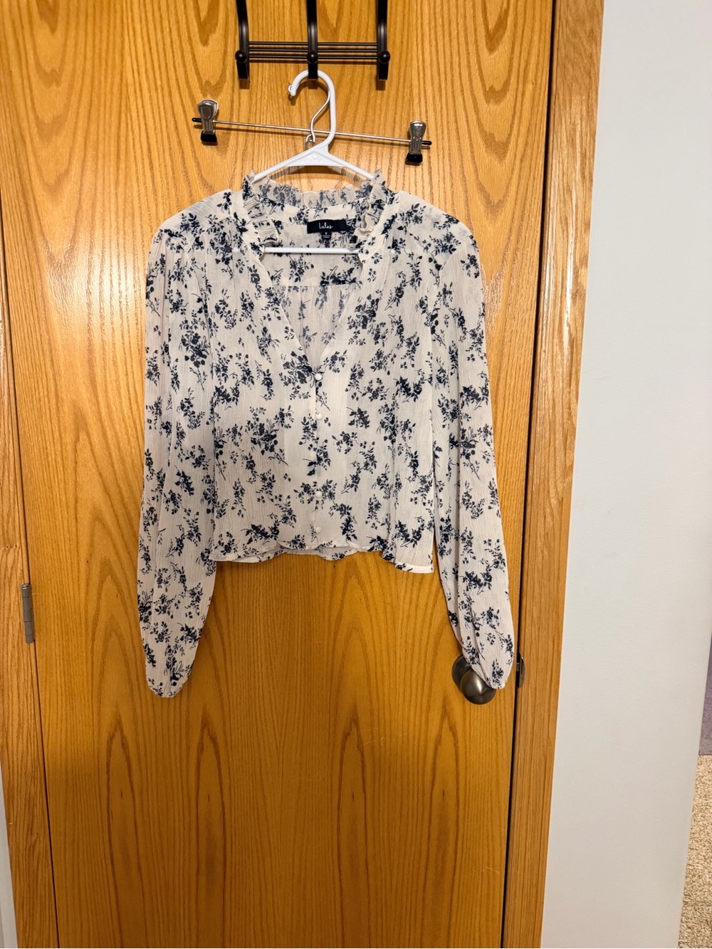 Lulu's Cream Blouse with Navy Floral Print